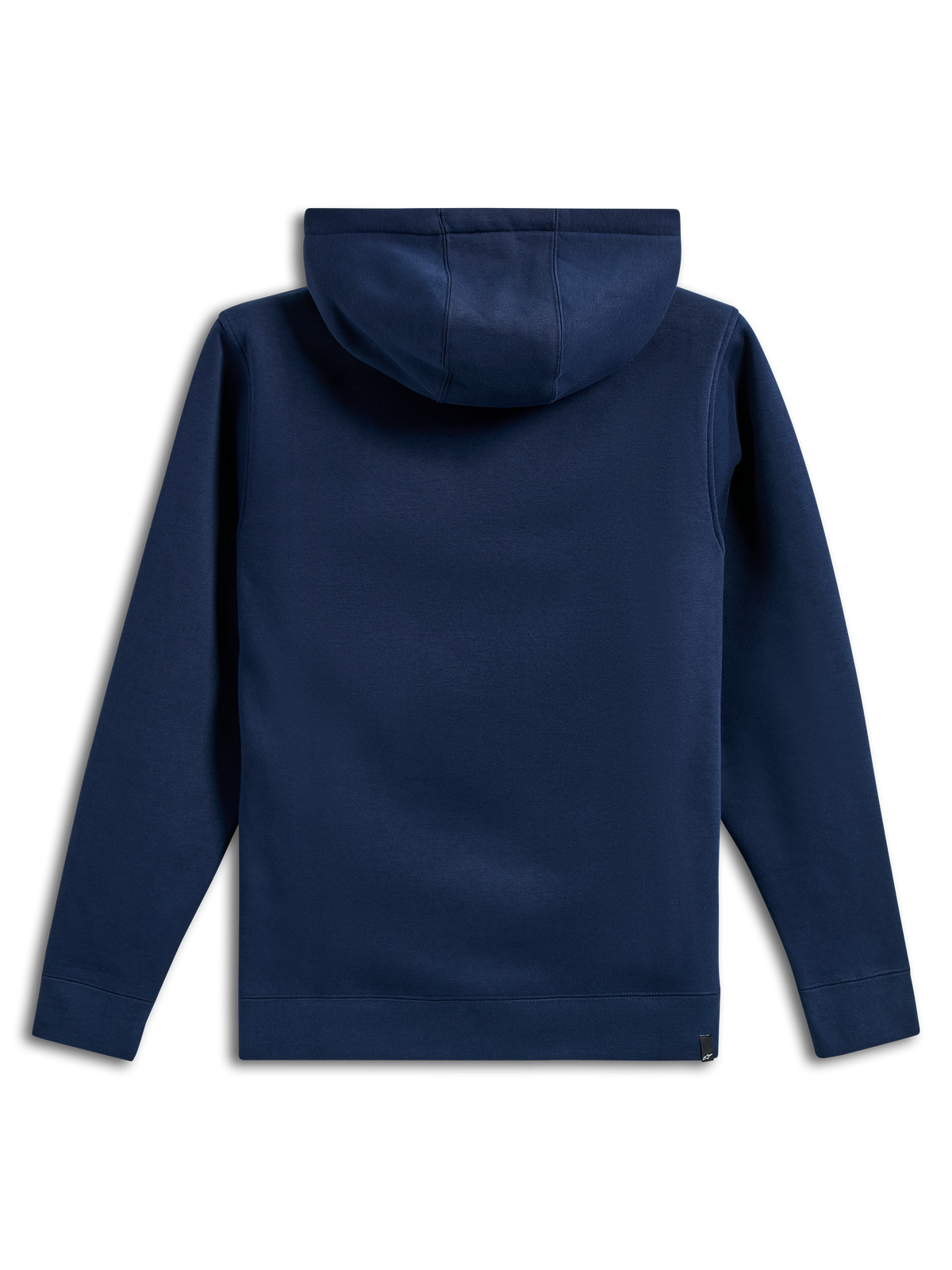 Alpinestars Ride V3 Hoodie, vista posteriore di una felpa con cappuccio blu navy, design a tinta unita con polsini e orlo a coste, cappuccio foderato in jersey, abbigliamento sportivo casual ispirato al motorsport