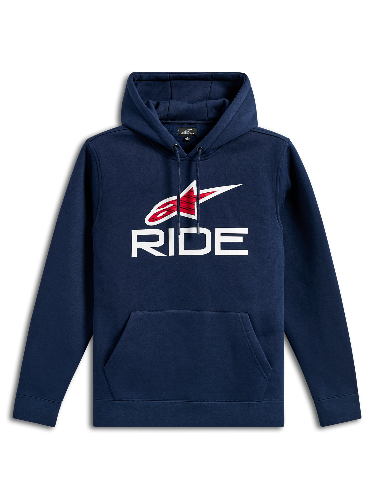 Alpinestars Ride V3 Hoodie, felpa casual blu navy, con logo RIDE bianco e logo a stella Alpinestars rosso sul petto, cappuccio con cordino, tasca a marsupio anteriore, maniche lunghe e polsini a coste.