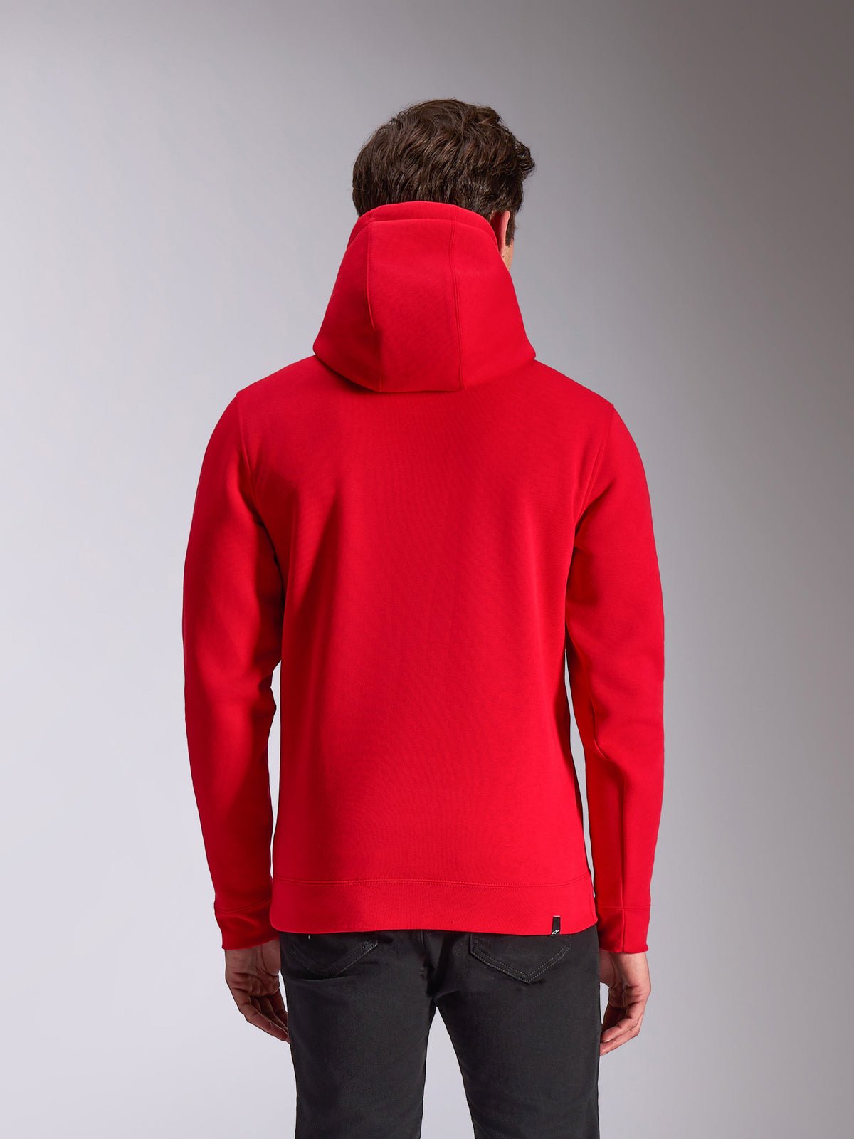 Alpinestars Ride V3 Hoodie, abbigliamento casual motorsport streetwear, felpa rossa con cappuccio, vista posteriore, colore rosso a tinta unita, polsini e orlo a coste, cappuccio foderato in jersey