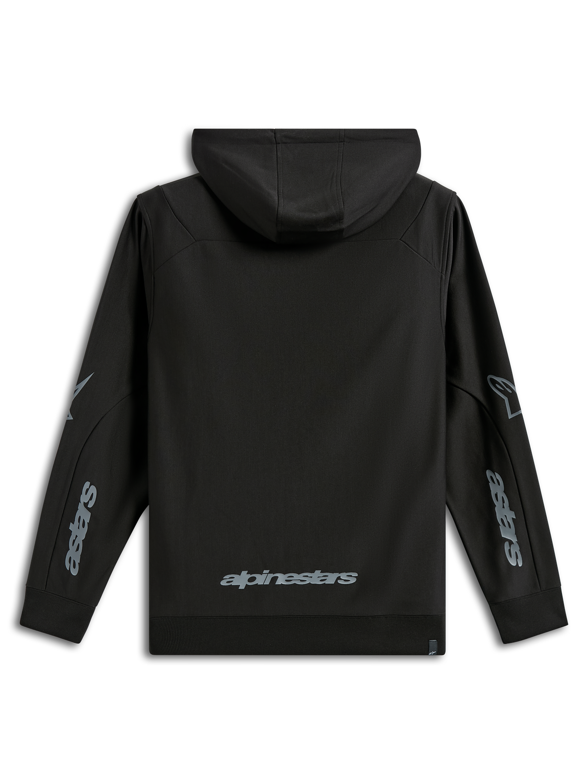 Felpa con cappuccio Alpinestars Sessions V3, abbigliamento sportivo casual, nero con loghi grigi, vista posteriore con scritta Alpinestars sulla parte bassa della schiena e grafiche Astars sulle maniche, pile di poliestere con cappuccio e polsini a coste, design moderno ispirato al motorsport