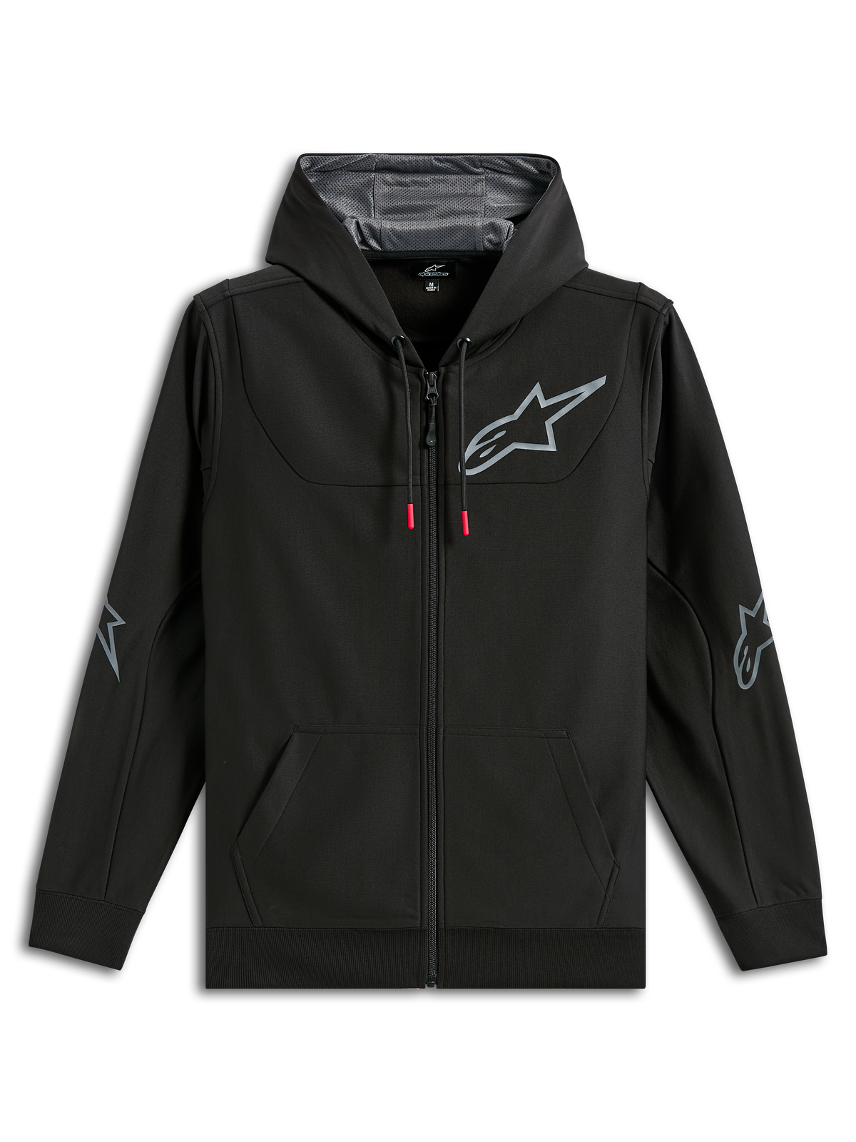 Alpinestars Sessions V3 Hoodie, felpa nera in pile di poliestere con zip intera, logo a stella Alpinestars grigio su petto e gomiti, cordini con punte rosse, cappuccio foderato in rete, streetwear casual da motorsport