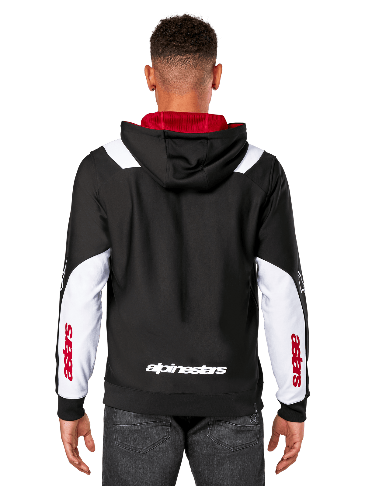 Alpinestars Sessions V3 Hoodie, vista posteriore, nero con pannelli bianchi sulle maniche e interno del cappuccio rosso, con scritta bianca sul retro e logo rosso sulle maniche, streetwear casual ispirato al motorsport