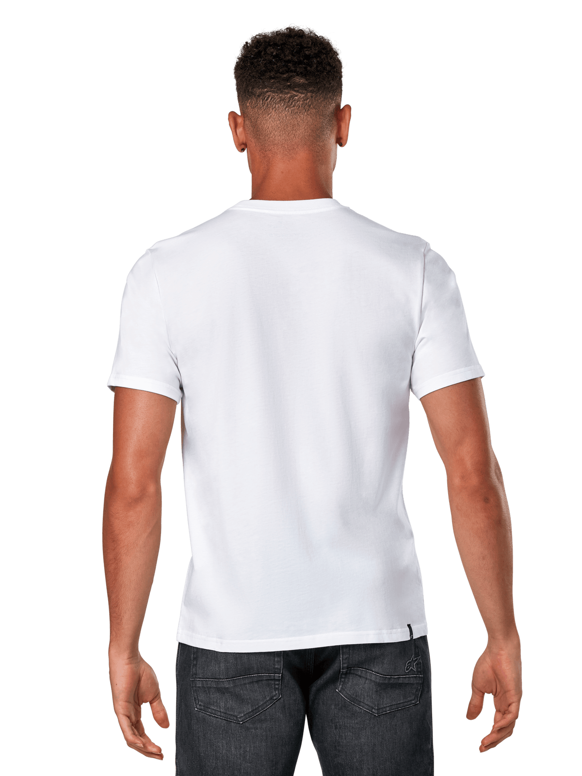 Alpinestars Glyfs CSF Tee, maglietta a maniche corte, bianco, vista posteriore di un modello maschile che indossa una t-shirt bianca semplice e denim scuro, streetwear casual motorsport