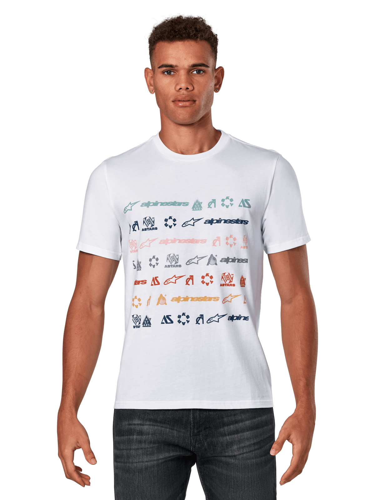 Alpinestars Glyfs CSF Tee, maglietta a maniche corte, bianca, con una grafica a righe multi-logo e icone colorate sul davanti, abbigliamento sportivo casual motorsport