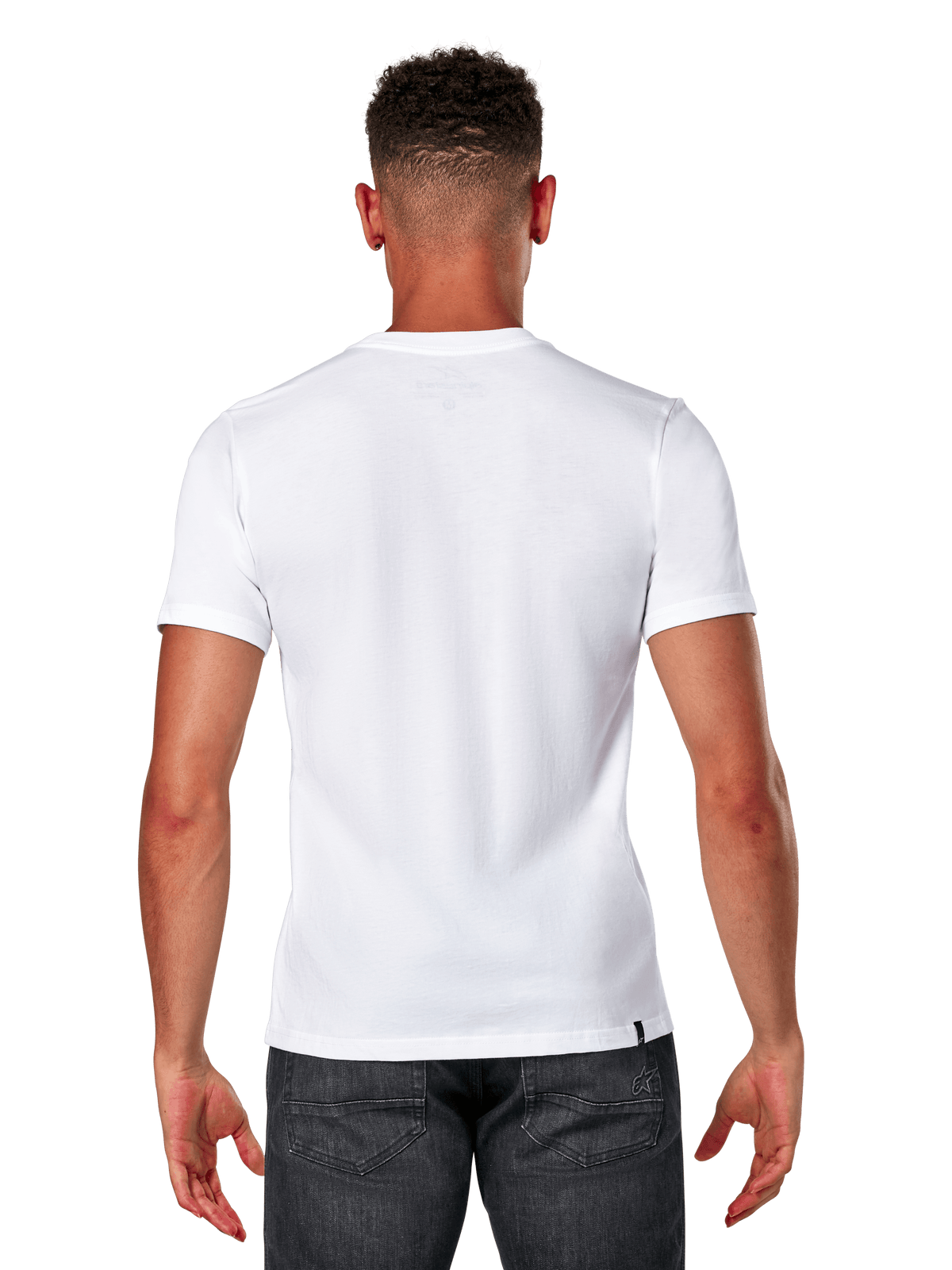 Alpinestars Elliptic CSF Tee, T-shirt a maniche corte, bianco, vista posteriore su modello che indossa jeans grigio scuro, streetwear casual motorsport