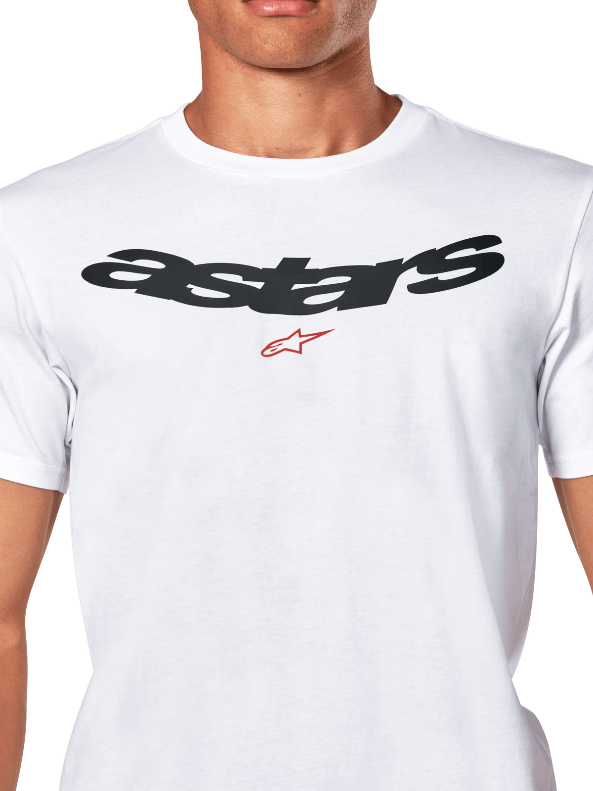 Alpinestars Elliptic CSF Tee, maglietta a maniche corte, bianca, logo Astars nero arcuato con simbolo rosso sul petto, abbigliamento sportivo casual motorsport