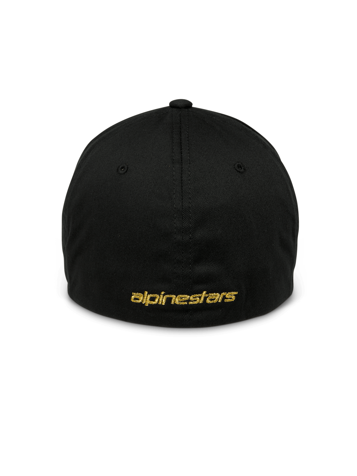 Cappello Alpinestars Gild, cappellino sportivo nero, vista posteriore con ricamo Alpinestars piatto in metallo dorato, design flex back chiuso, corona strutturata, copricapo casual ispirato al motorsport