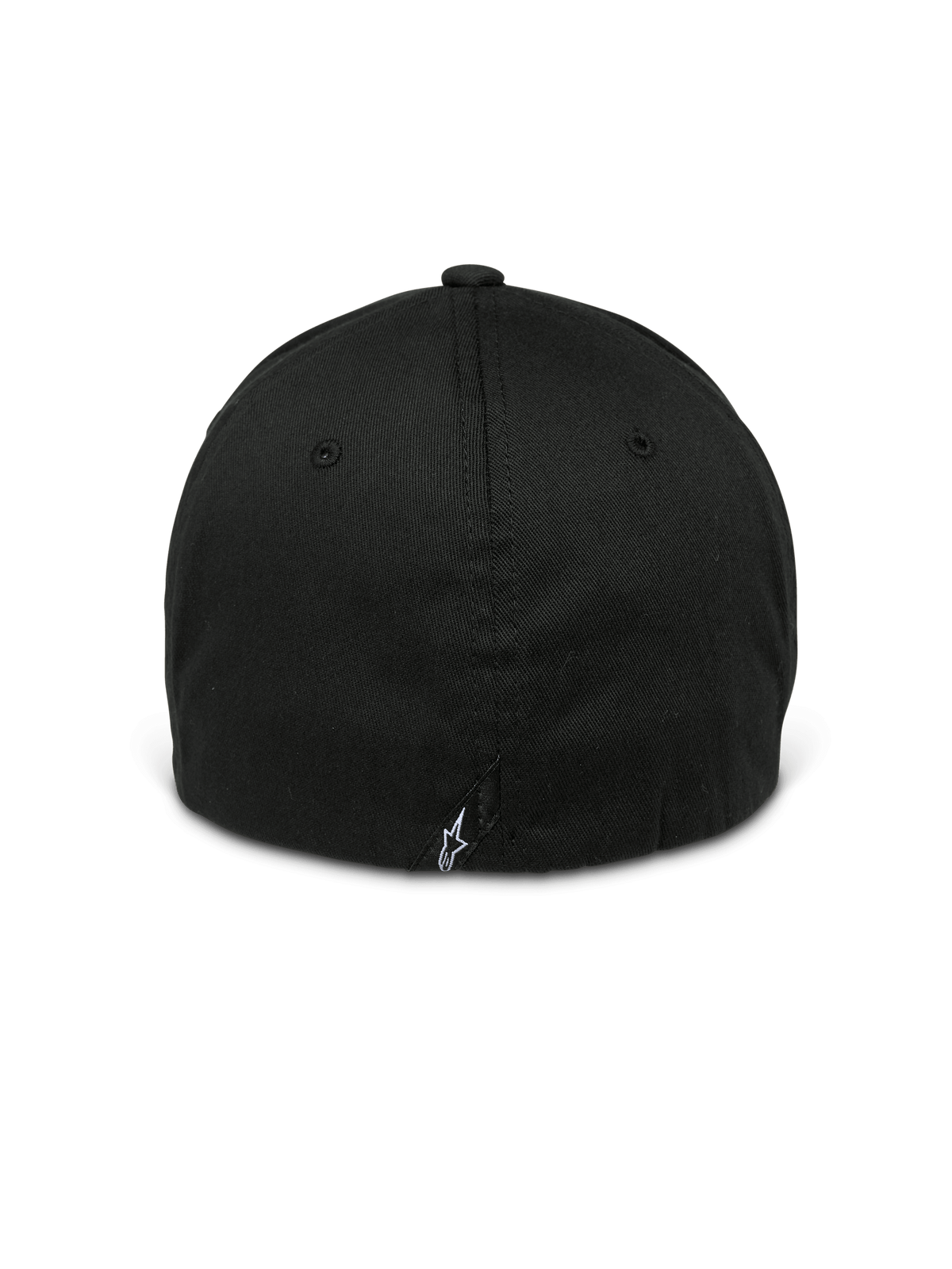 Cappello Alpinestars Arcstars, nero, vista posteriore di un cappellino da baseball flex-back, con un piccolo logo Astars bianco su un'etichetta posteriore, corona strutturata con occhielli tono su tono, copricapo casual ispirato al motorsport