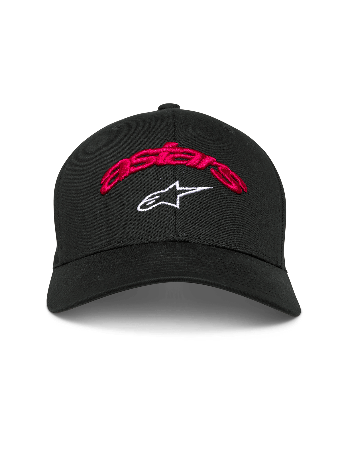 Cappello Alpinestars Arcstars, berretto da baseball nero, scritta Astars ricamata in 3D rossa e logo a stella bianco, visiera curva, corona strutturata, copricapo casual da motorsport