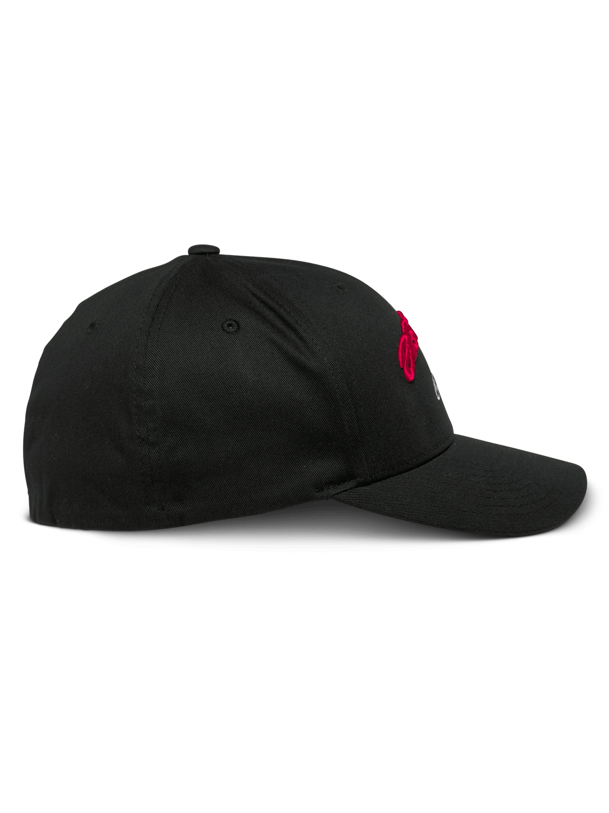 Alpinestars Arcstars Hat, berretto da baseball nero, vista di profilo, visiera curva con corona strutturata, tessuto twill elasticizzato, dettagli ricamati in rosso e bianco, copricapo casual ispirato al motorsport