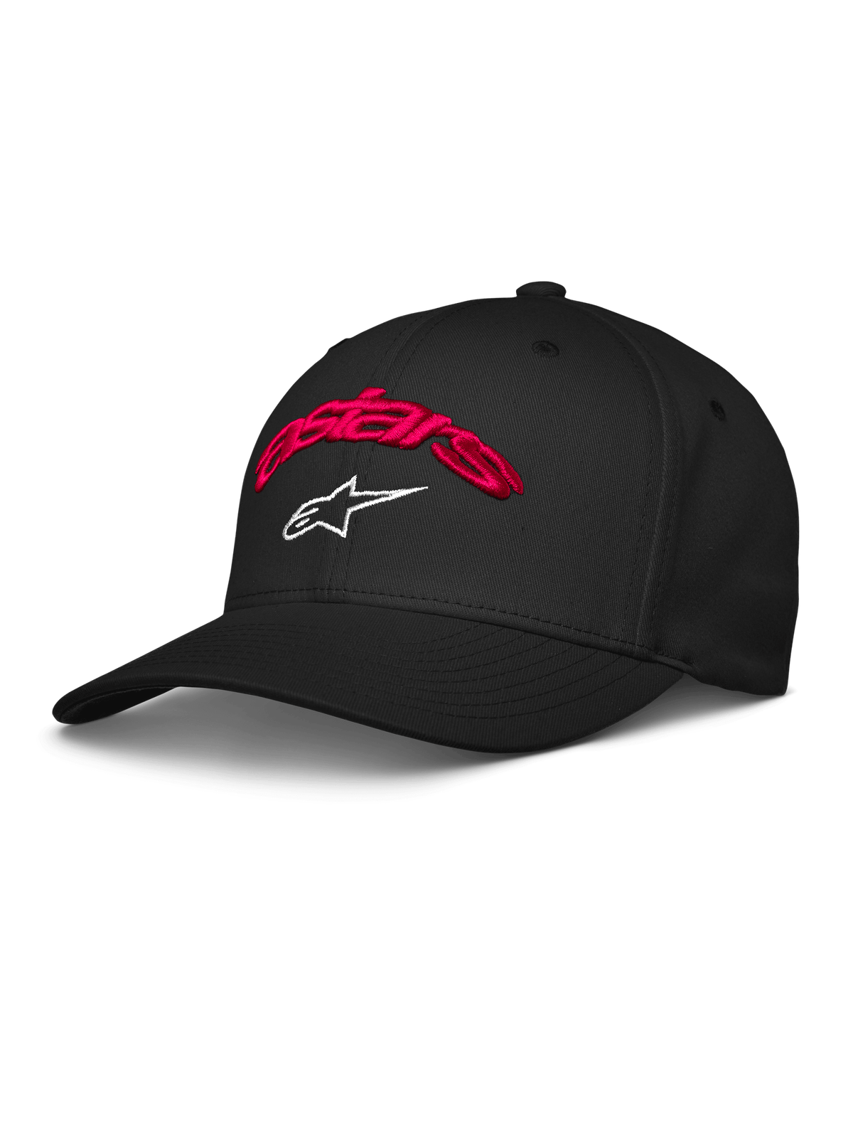 Alpinestars Arcstars Hat, cappellino da baseball nero con ricamo 3D Astars rosso e logo a stella bianco, visiera curva, corona strutturata, abbigliamento sportivo casual motorsport