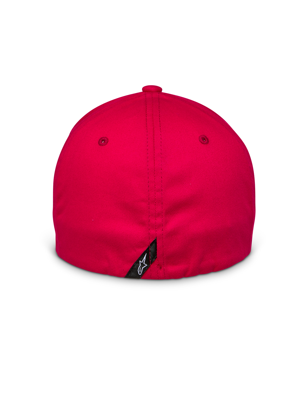 Cappello Alpinestars Arcstars, rosso, vista posteriore con chiusura flex-back, piccola etichetta nera con logo Astars bianco sulla cucitura centrale, tessuto twill elasticizzato strutturato, copricapo casual motorsport