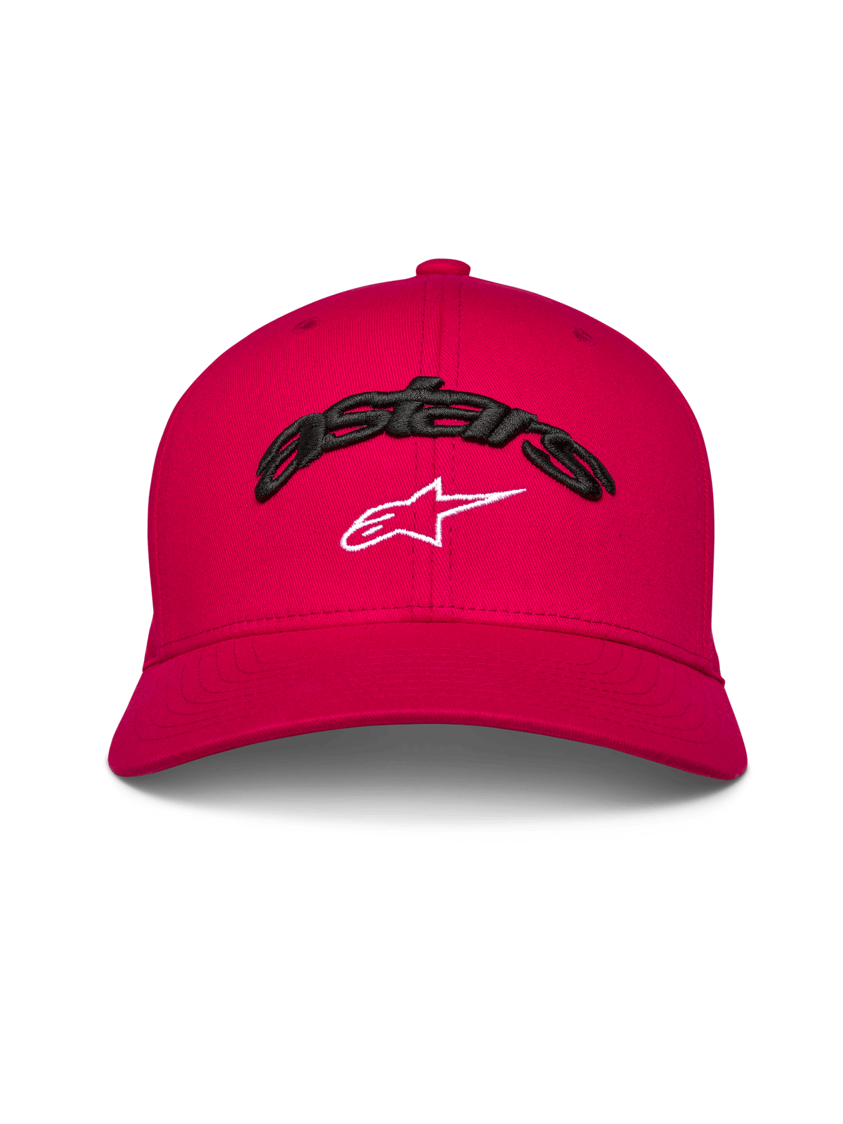 Cappello Alpinestars Arcstars, berretto da baseball con visiera curva, rosso, ricamo 3D Astars nero con logo a stella bianco, corona strutturata, copricapo casual ispirato al motorsport