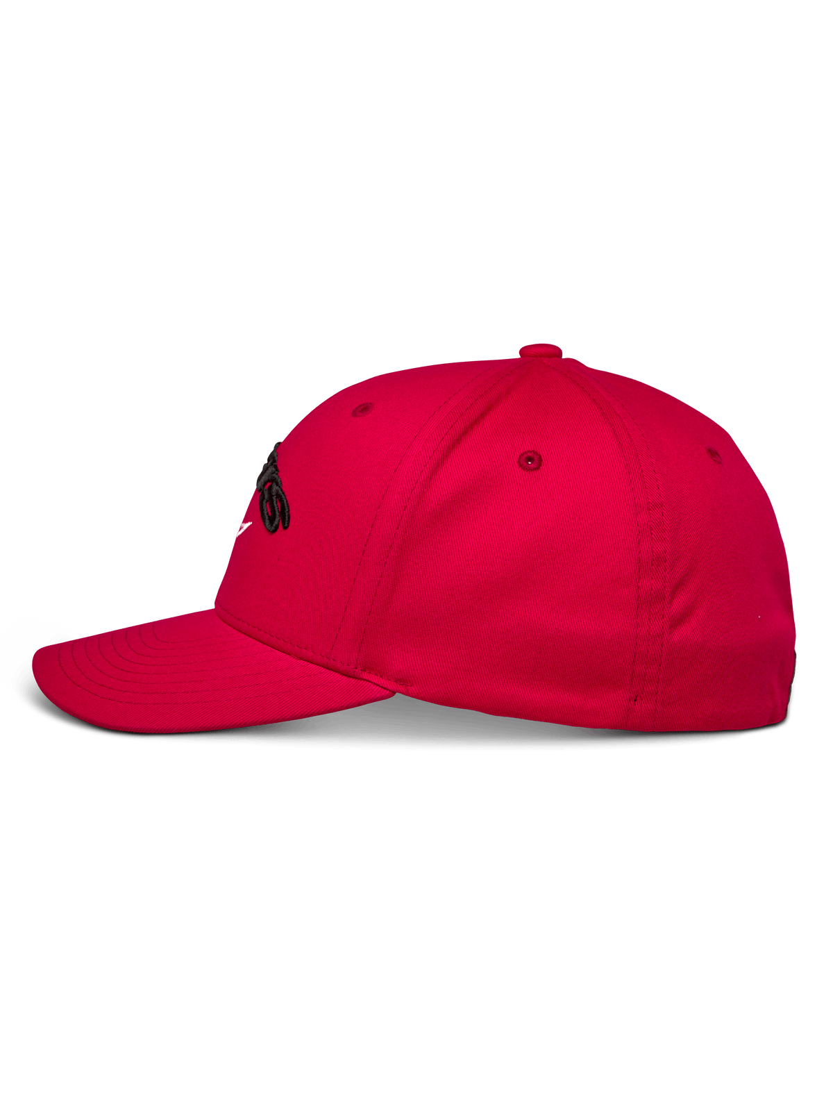 Cappello Alpinestars Arcstars, berretto da baseball rosso, vista laterale di profilo, corona strutturata con visiera curva, ricamo 3D Astars nero, abbigliamento sportivo casual motorsport
