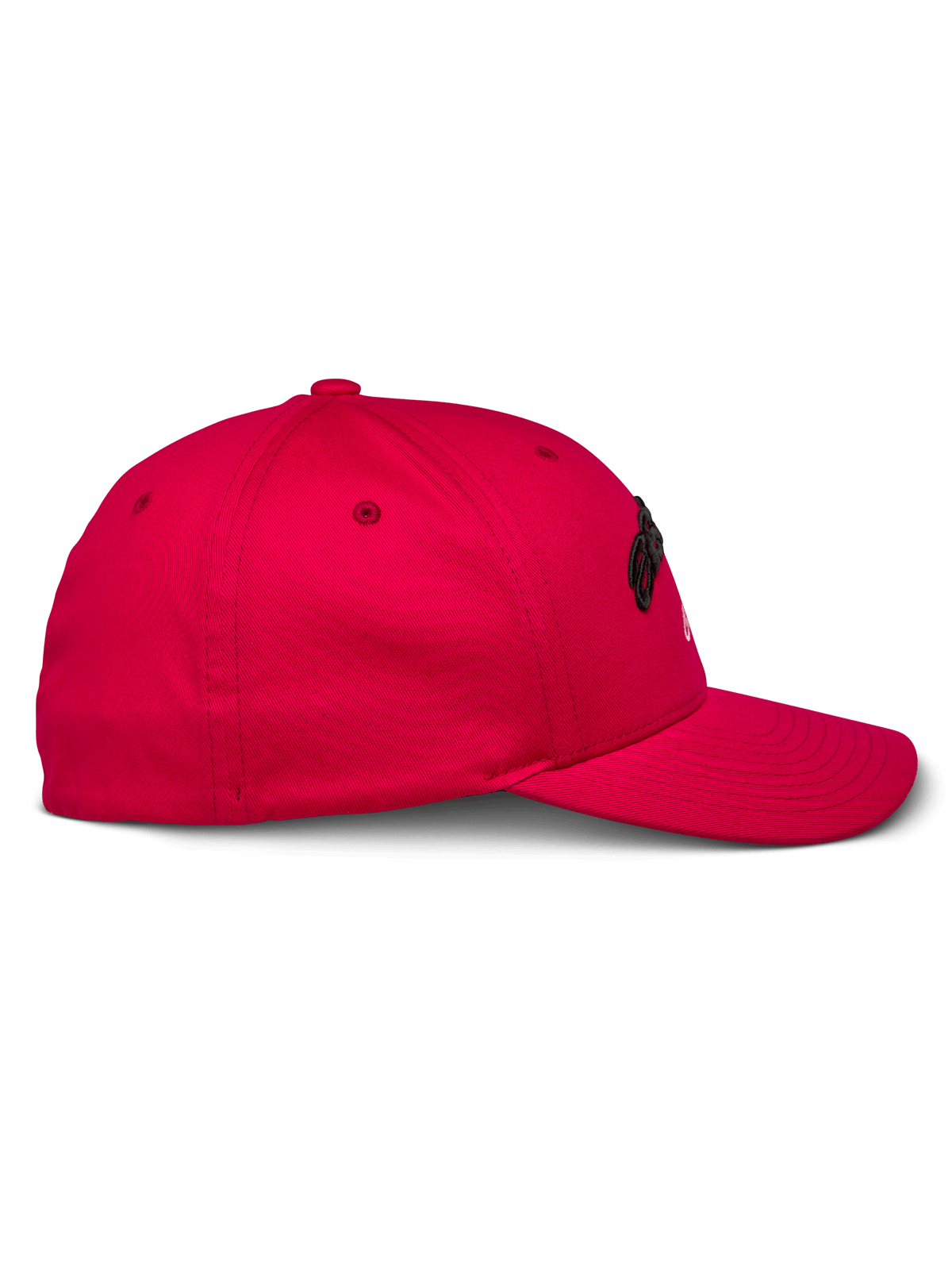 Cappello Alpinestars Arcstars, rosso, vista laterale, cappello da baseball strutturato con visiera curva, tessuto in twill elasticizzato, ricamo 3D nero, abbigliamento sportivo casual