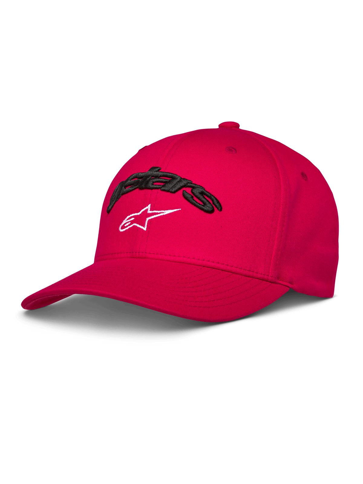 Alpinestars Cappello Arcstars, cappello da baseball rosso, visiera curva e corona strutturata, ricamo Astars 3D nero con logo stella bianco, abbigliamento sportivo casual motorsport