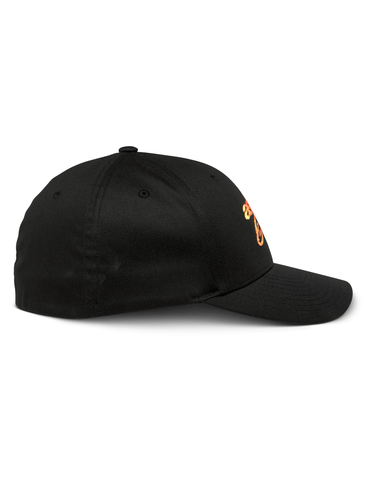 Alpinestars Setting Hat, cappellino da baseball nero, vista di profilo con visiera curva e corona strutturata, logo ricamato con gradazione arancione, abbigliamento sportivo casual