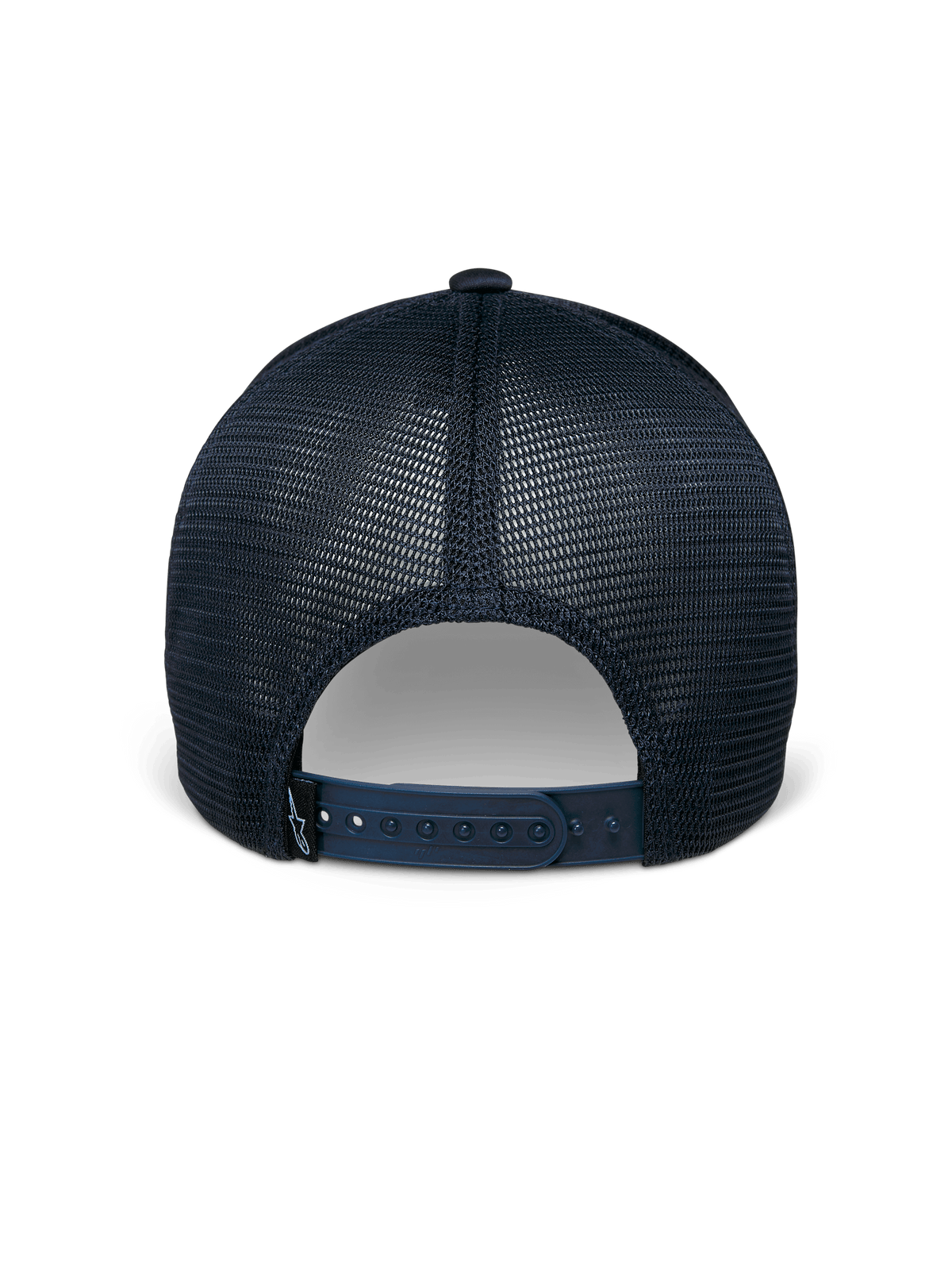 Cappello Alpinestars Delane, blu navy, vista posteriore, con pannelli in rete traspirante a diamante, chiusura snapback regolabile con piccola etichetta con logo, abbigliamento sportivo casual