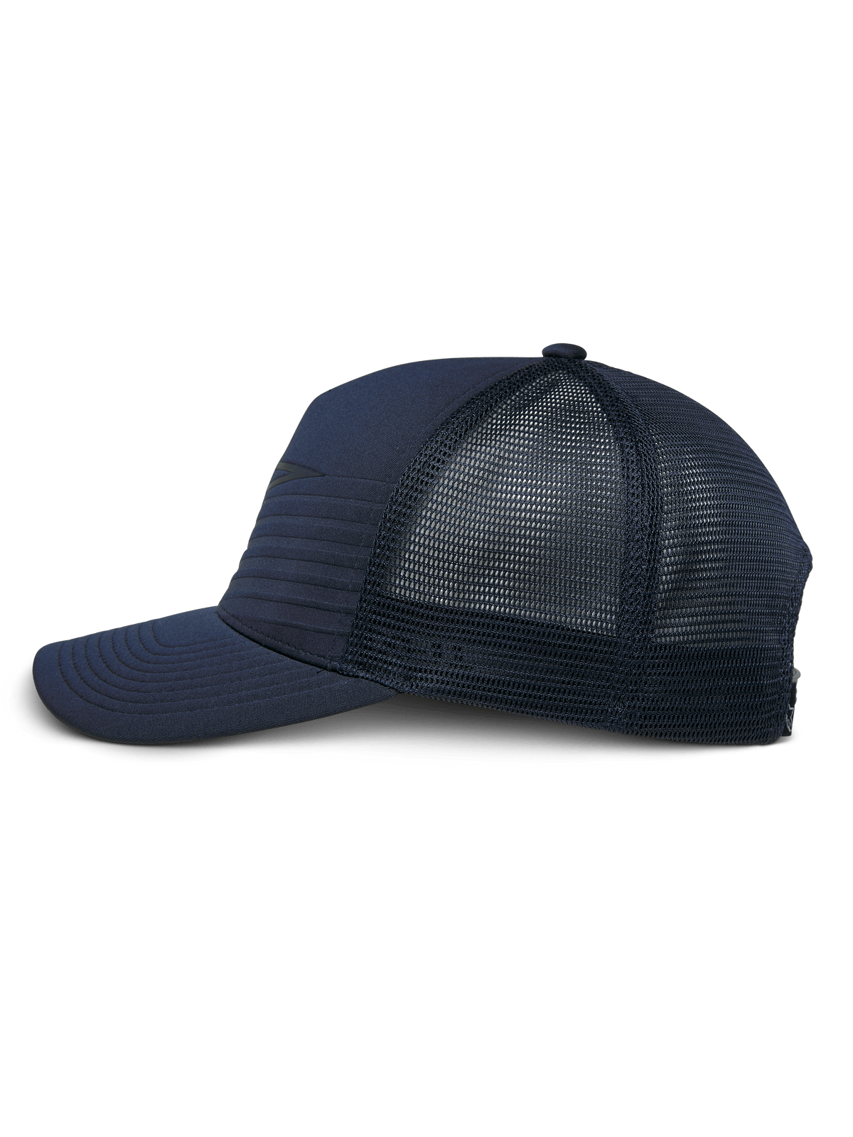 Alpinestars Delane Hat, blu navy, profilo laterale di un cappello strutturato stile baseball con visiera curva, parte anteriore in jersey ibrido con cuciture orizzontali e retro in rete a diamante, abbigliamento sportivo casual