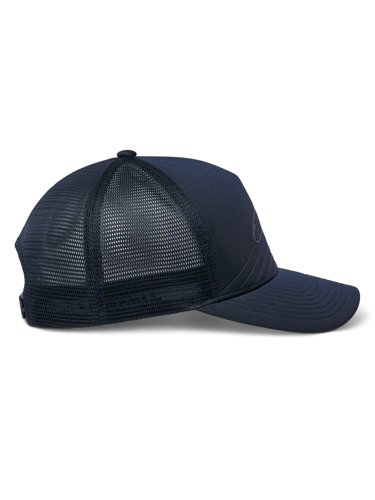 Cappello Alpinestars Delane, cappello sportswear, blu navy, vista laterale di profilo con retro in rete a diamante e parte anteriore in jersey, visiera curva, corona strutturata