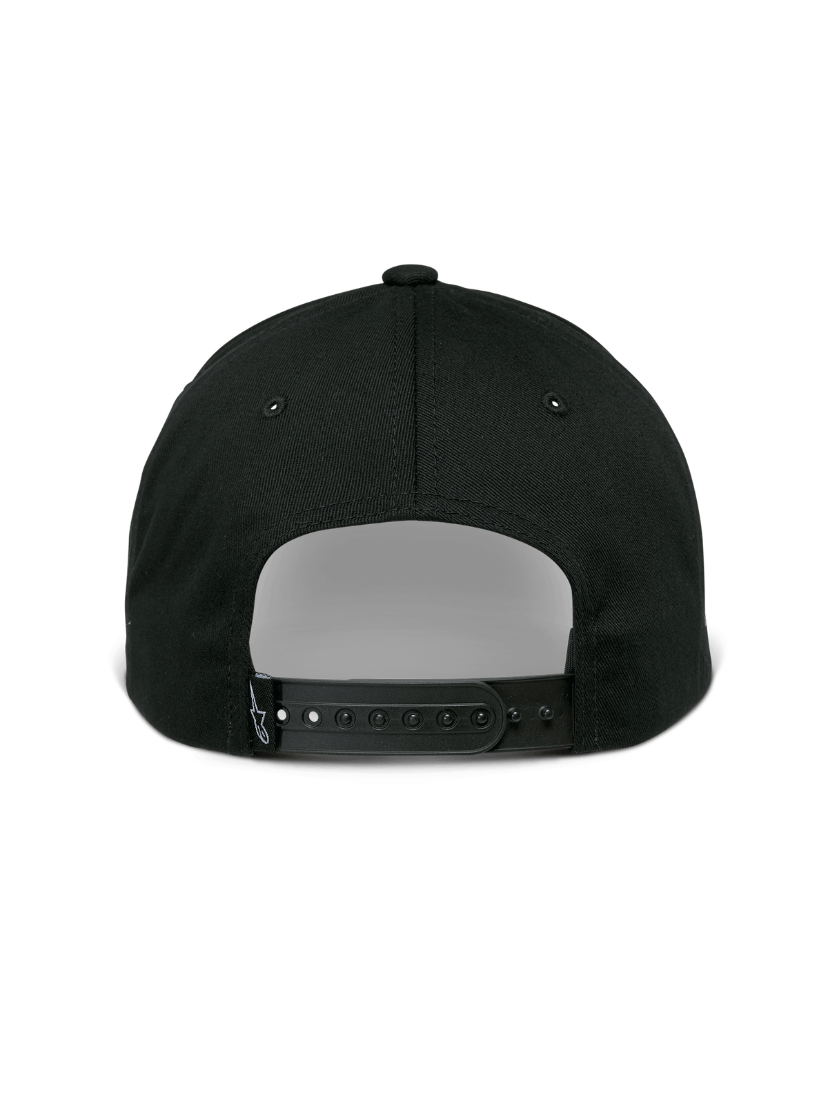 Alpinestars Sessionized Hat, cappello snapback, nero, vista posteriore con chiusura regolabile e piccola etichetta con logo, twill di cotone, copricapo casual ispirato al motorsport