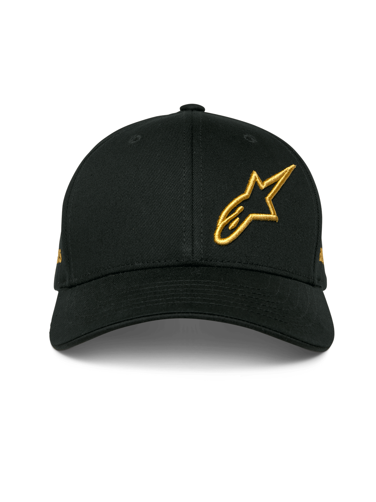 Alpinestars Sessionized Hat, cappellino snapback nero con visiera curva, logo Astars ricamato in 3D oro sul lato anteriore sinistro, design in twill di cotone strutturato, abbigliamento casual motorsport