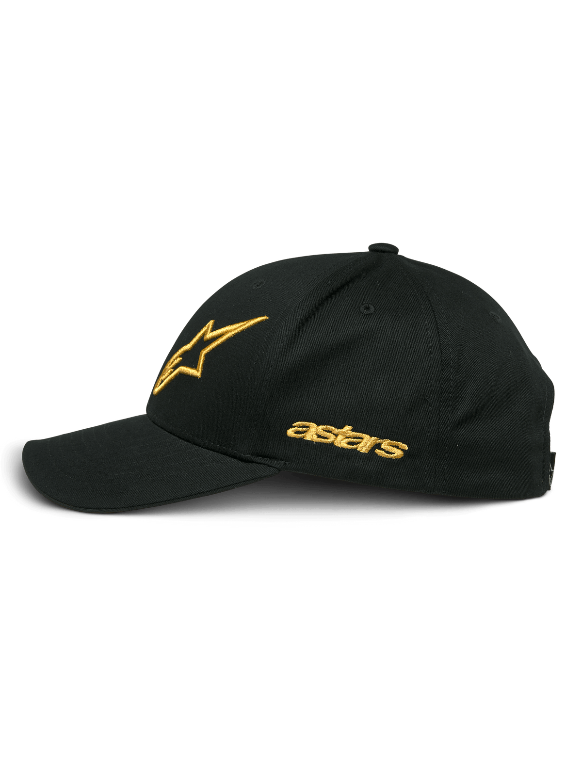 Cappello Alpinestars Sessionized, nero e oro, profilo laterale con logo a stella e scritta astars ricamati in oro, visiera curva, corona strutturata, copricapo casual ispirato al motorsport.