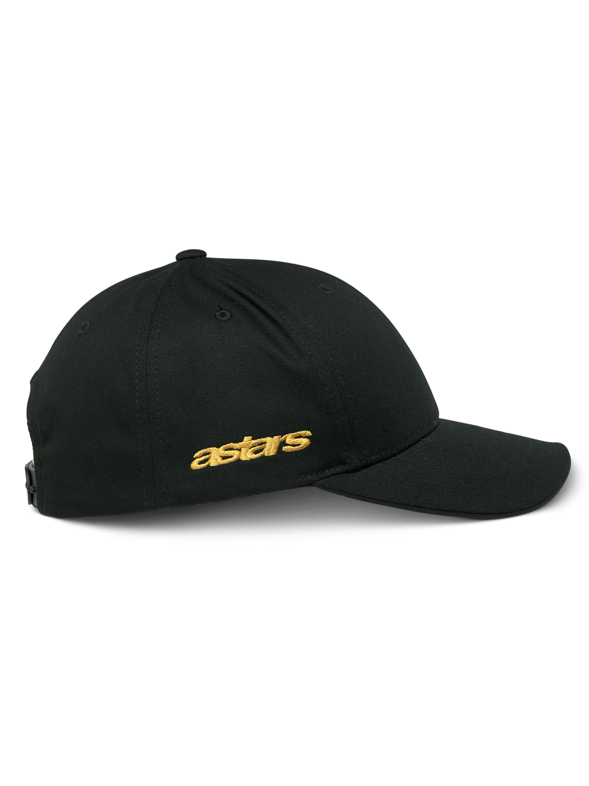 Cappello Alpinestars Sessionized, vista laterale di cappellino snapback nero, ricamo piatto astars oro sul lato, corona strutturata con visiera curva, copricapo casual ispirato al motorsport