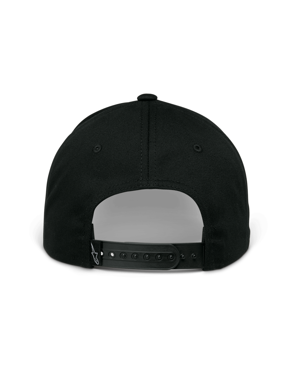 Cappello Alpinestars Profile, nero, vista posteriore con chiusura snapback regolabile, corona strutturata e piccolo logo bianco ricamato sul cinturino posteriore, abbigliamento sportivo casual