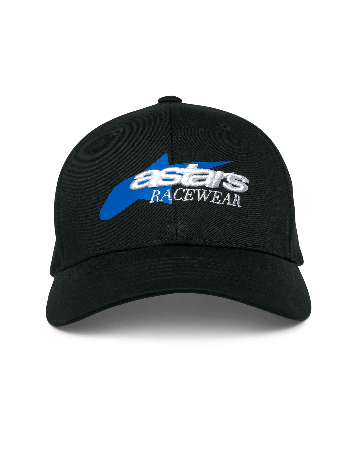 Cappello Alpinestars Profile, cappellino da baseball nero, con grafica a stella blu e logo 'astars RACEWEAR' bianco ricamato in 3D, corona strutturata e visiera curva, copricapo casual motorsport