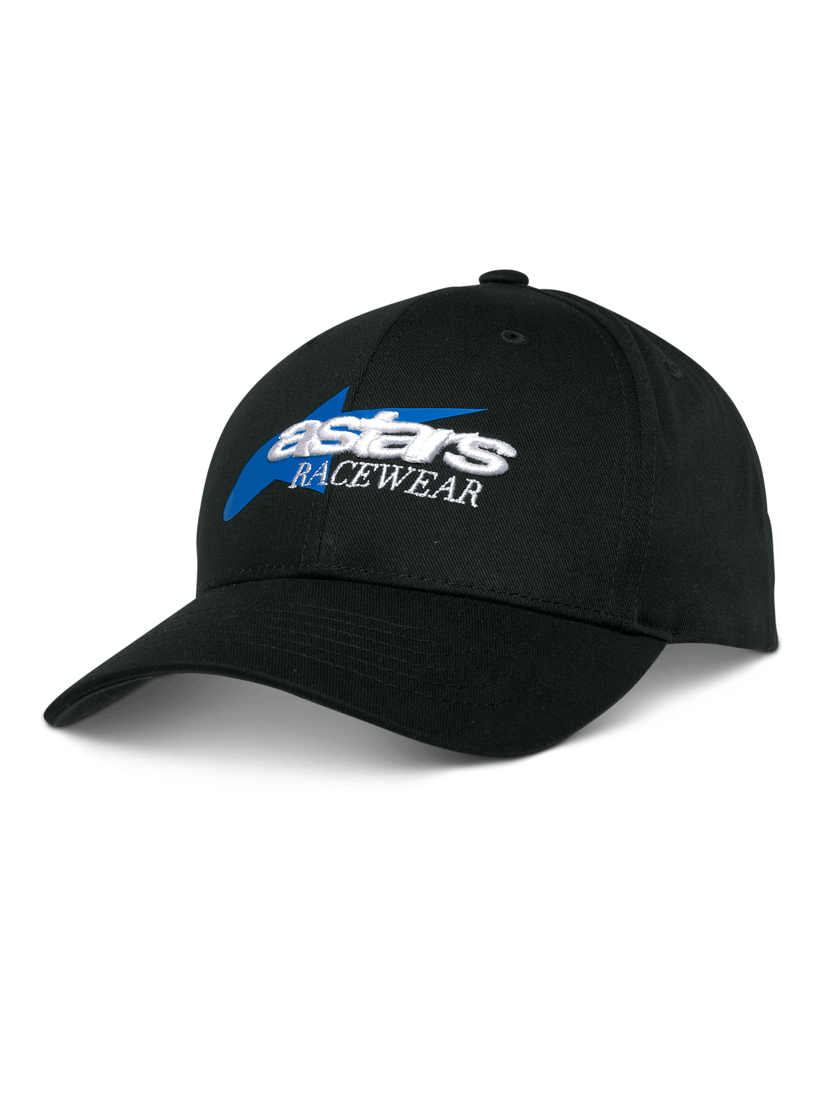 Alpinestars Profile Hat, cappellino da baseball nero, ricamo Astars Racewear blu e bianco, corona strutturata con visiera curva, abbigliamento casual per motorsport