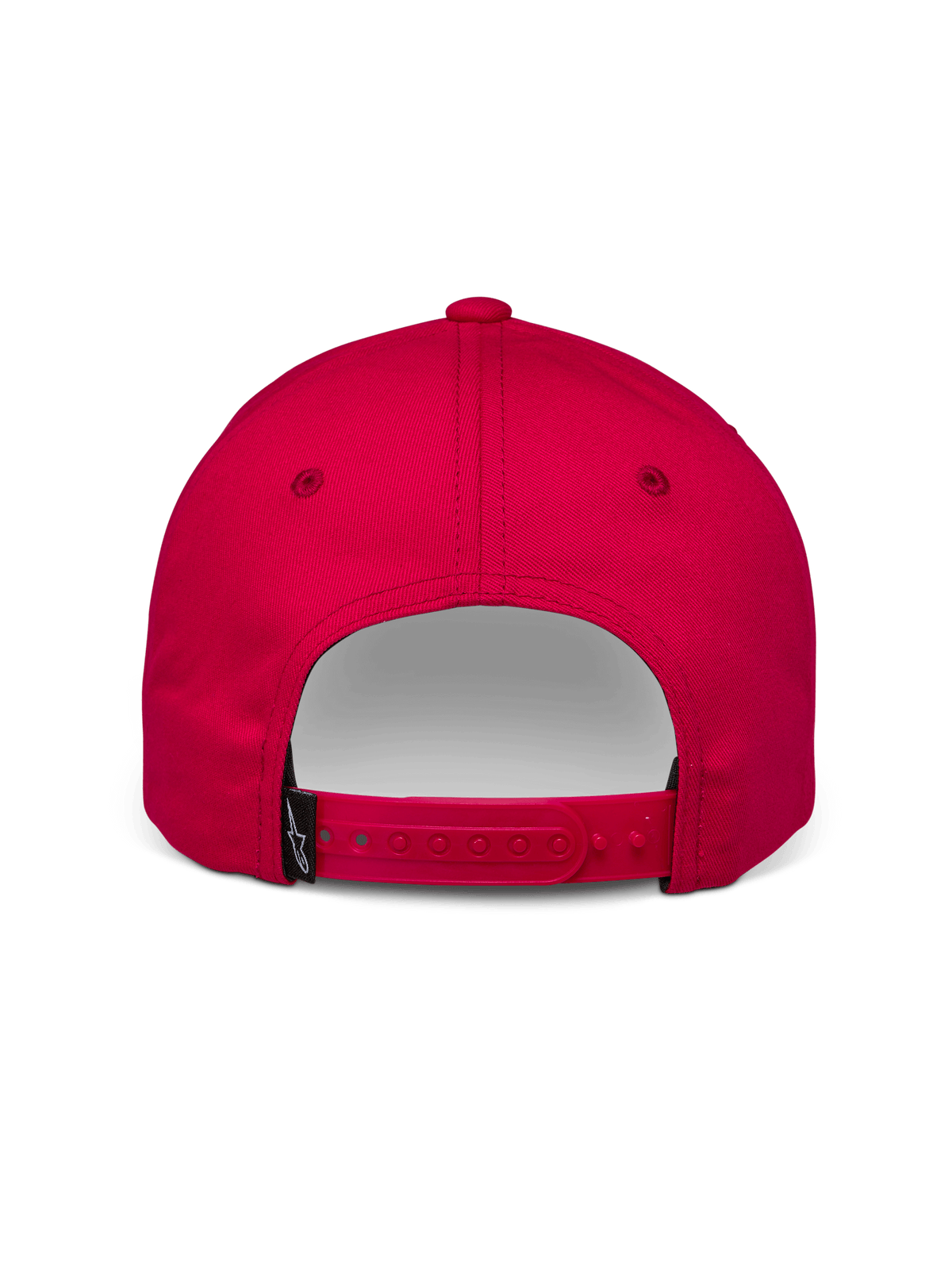 Cappello Alpinestars Profile, cappello snapback rosso, vista posteriore con chiusura regolabile e piccola etichetta nera con logo Alpinestars, twill di cotone, accessorio casual per motorsport