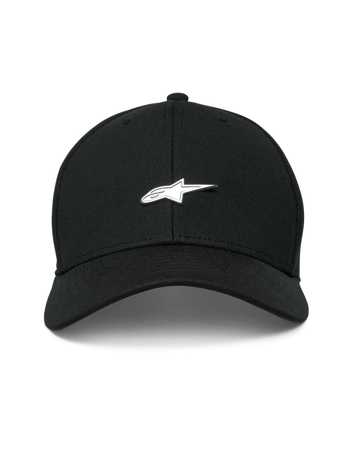 Cappello Alpinestars Metal Logo, nero, cappellino da baseball strutturato con visiera curva, badge logo in metallo modellato 3D, tessuto mini piqué, abbigliamento casual motorsport streetwear