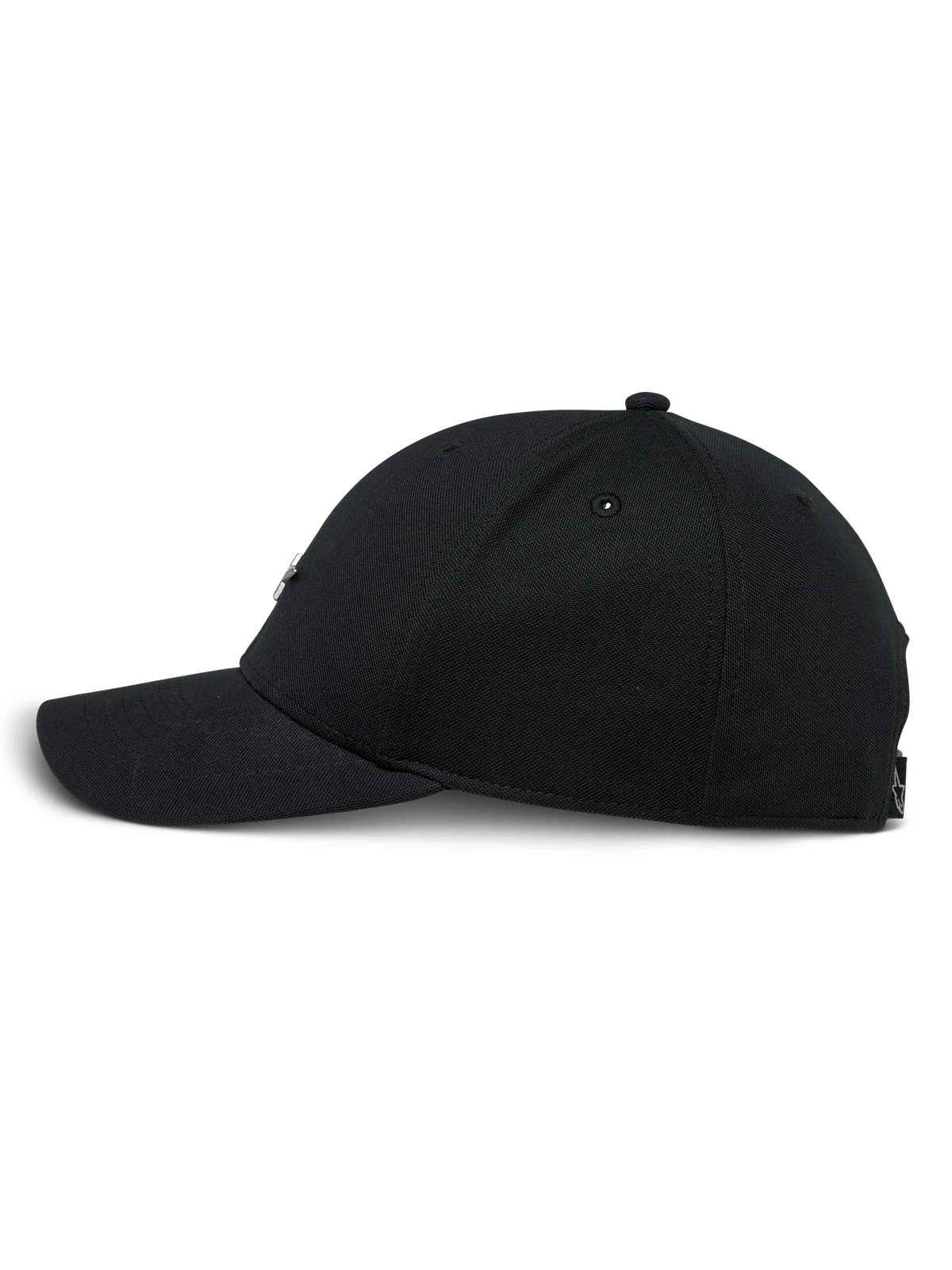 Cappello Alpinestars Metal Logo, cappellino snapback nero, vista laterale di profilo, visiera curva con corona strutturata, tessuto mini piqué, streetwear casual ispirato al motorsport