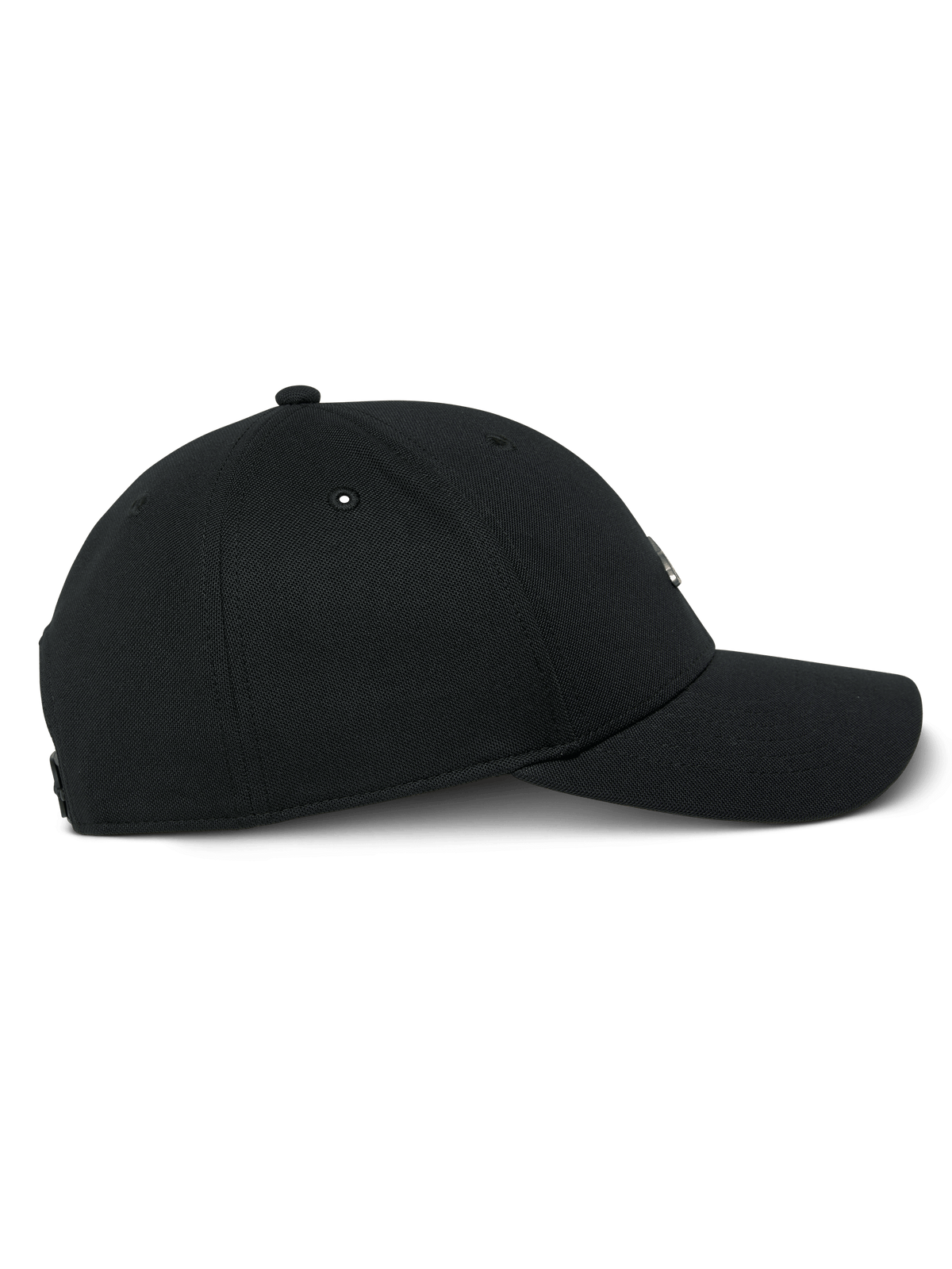 Alpinestars Metal Logo Hat, nero, vista laterale di profilo di un cappellino snapback con visiera curva, corona strutturata in tessuto mini piqué e badge logo in metallo modellato 3D, streetwear casual motorsport