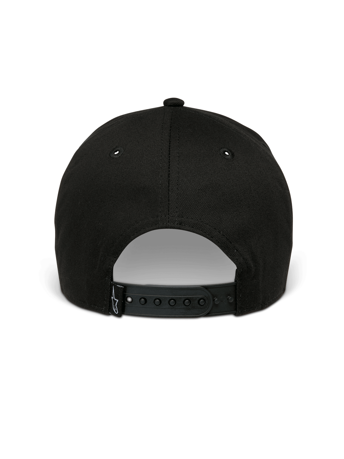 Alpinestars Canyon Hat, cappello snapback nero, vista posteriore con chiusura snap regolabile e piccola etichetta con logo Astars, materiale in twill di cotone al 100%, copricapo casual ispirato al motorsport