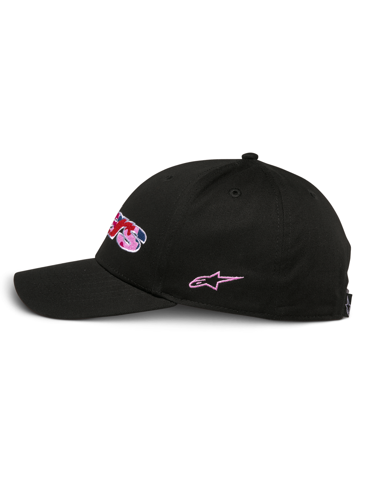 Alpinestars Canyon Hat, cappello snapback nero, vista di profilo laterale, corona strutturata con visiera curva, logo frontale ricamato con riempimento camo e accenti rosa, ricamo a stella rosa laterale, stile motorsport casual