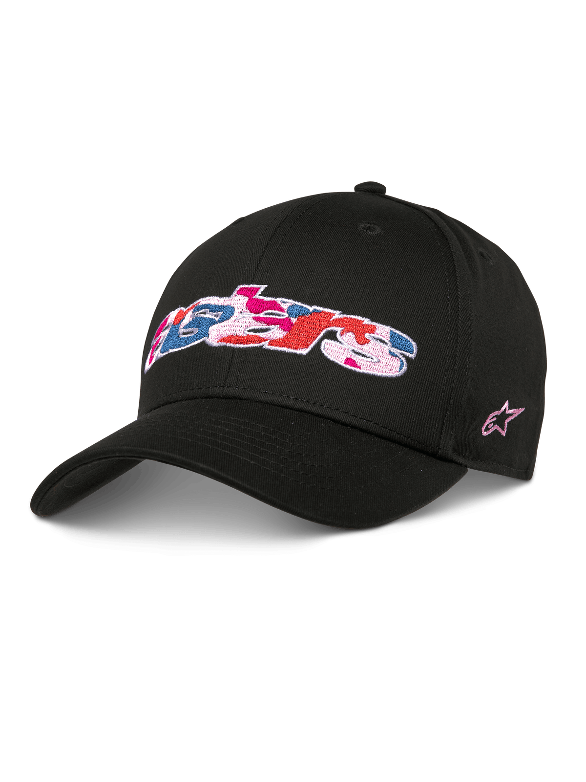 Alpinestars Canyon Hat, cappellino da baseball snapback nero, visiera curva e corona strutturata, logo Astars frontale con ricamo camouflage rosa, blu e rosso, logo a stella rosa laterale, streetwear casual in twill di cotone