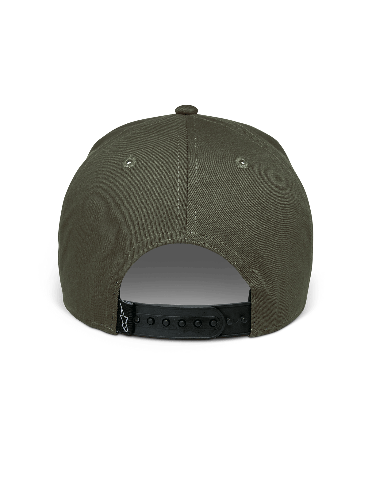 Cappello Alpinestars Canyon, verde militare, vista posteriore con chiusura snapback regolabile nera, corona strutturata in tessuto twill di cotone, piccola etichetta tessuta nera con logo Astars bianco, copricapo casual da motorsport