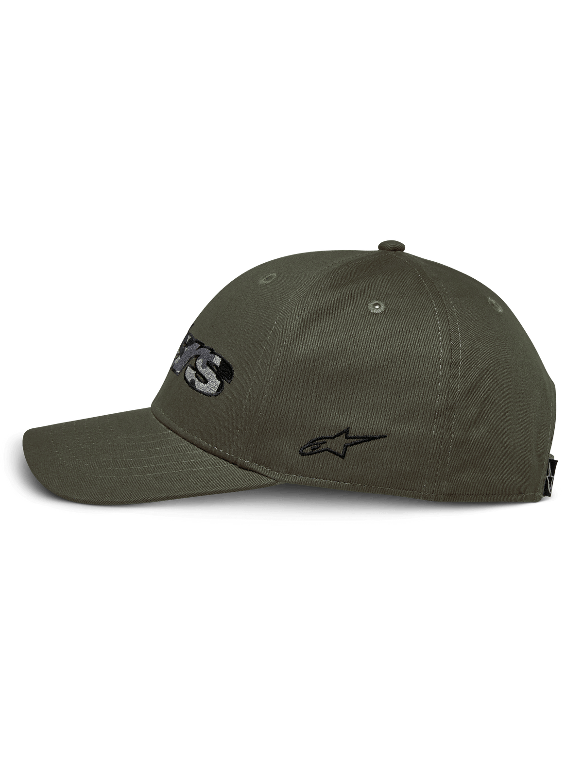 Cappello Alpinestars Canyon, vista laterale, verde militare, visiera curva con corona strutturata, tessuto in twill di cotone, con logo laterale nero ricamato, streetwear casual da motorsport