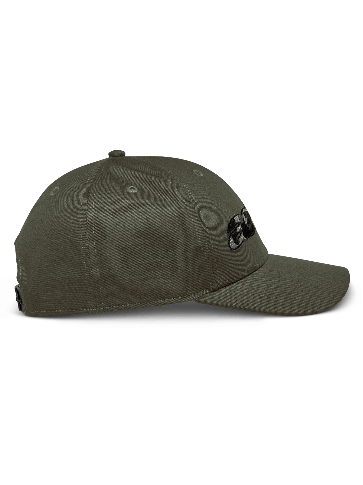 Cappello Alpinestars Canyon, vista laterale, verde militare, corona strutturata con visiera curva, logo Astars ricamato con riempimento camouflage, streetwear casual ispirato al motorsport