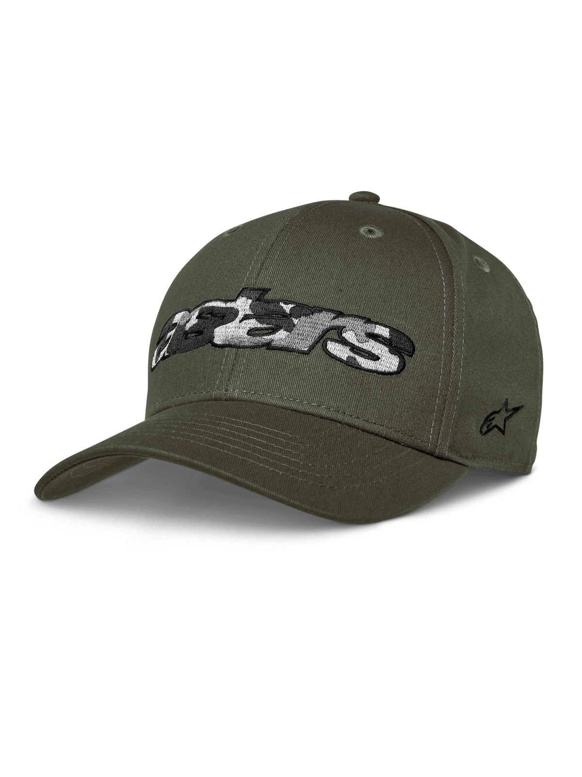 Alpinestars Canyon Hat, cappellino da baseball verde militare, corona strutturata con visiera curva, grande logo Astars con riempimento mimetico frontale, stella ricamata sul lato, stile casual motorsport