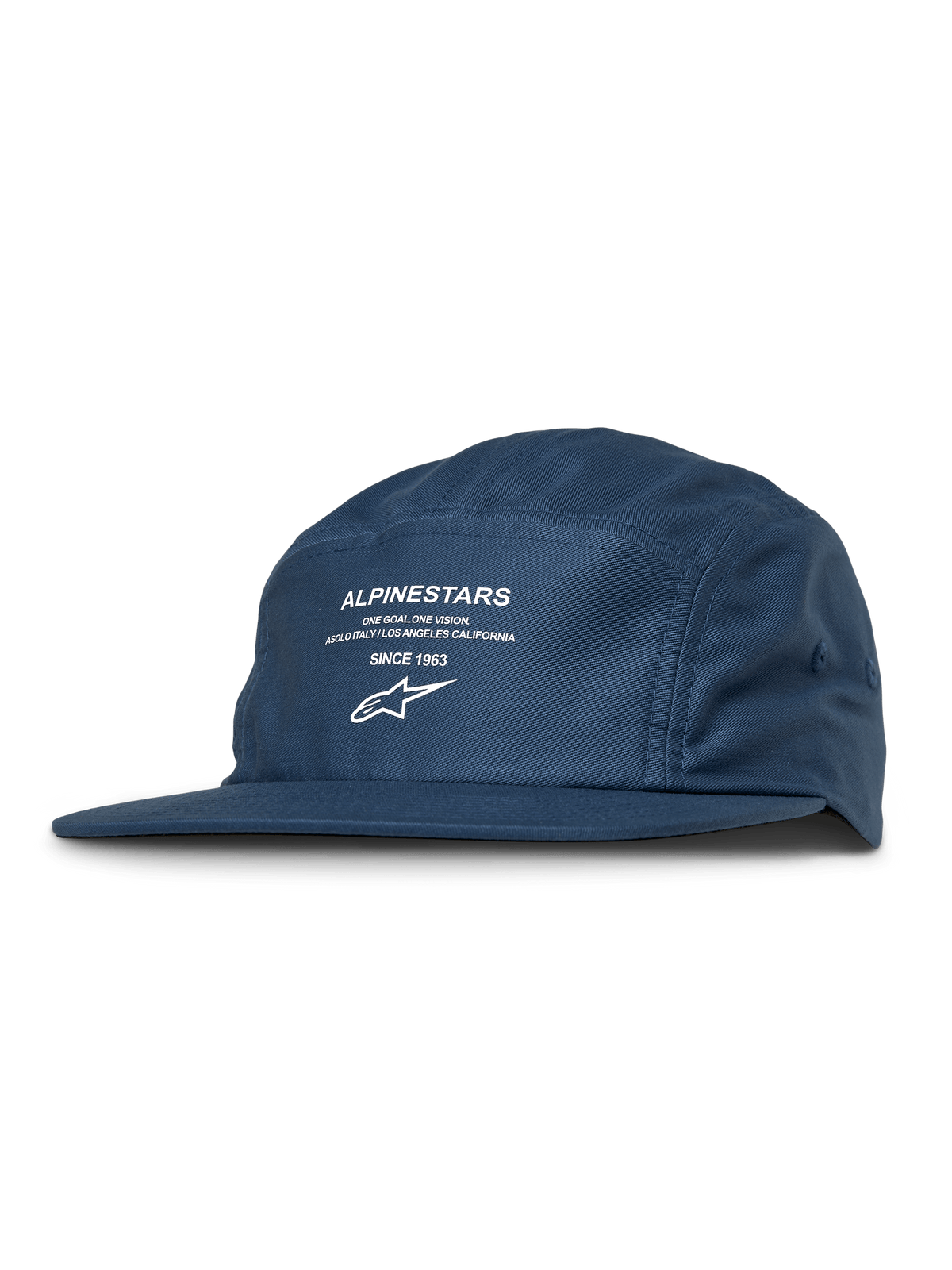 Cappello Alpinestars Peasy, cappellino jockey a 5 pannelli, blu, stampa grafica bianca con logo e scritta, visiera piatta, corona non strutturata, streetwear casual motorsport