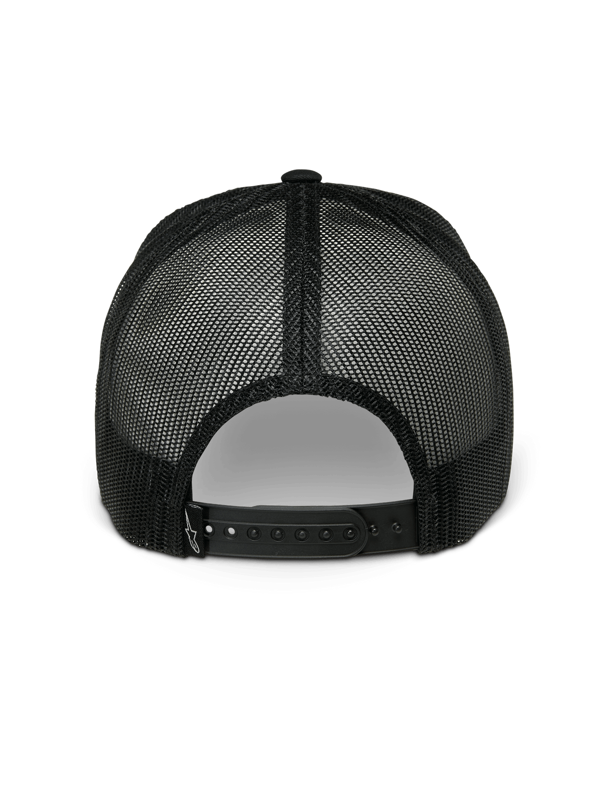 Alpinestars Gambit Trucker Hat, cappello snapback, nero, vista posteriore con pannelli in rete di poliestere traspirante e chiusura snapback regolabile, abbigliamento sportivo casual motorsport