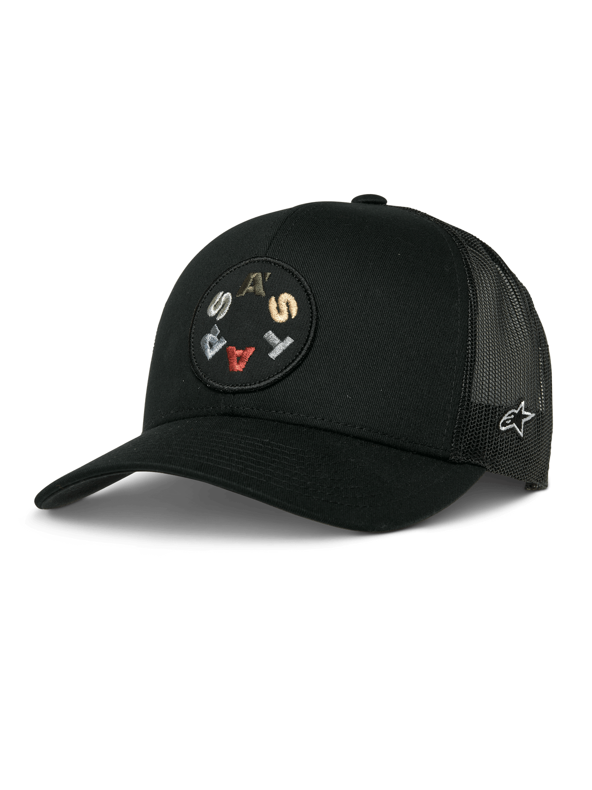 Alpinestars Gambit Trucker Hat, nero, con patch circolare frontale con lettere ricamate colorate, pannelli posteriori in mesh traspirante, visiera curva e un piccolo logo laterale bianco, copricapo casual lifestyle motorsport