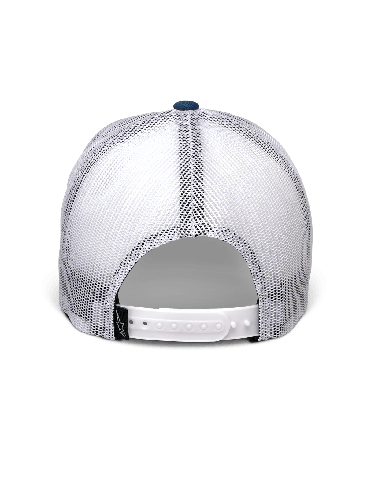 Alpinestars Gambit Trucker Hat, blu e bianco, vista posteriore con pannelli in rete bianca traspirante, chiusura a scatto bianca con una piccola etichetta nera del logo Alpinestars, copricapo casual ispirato al motorsport