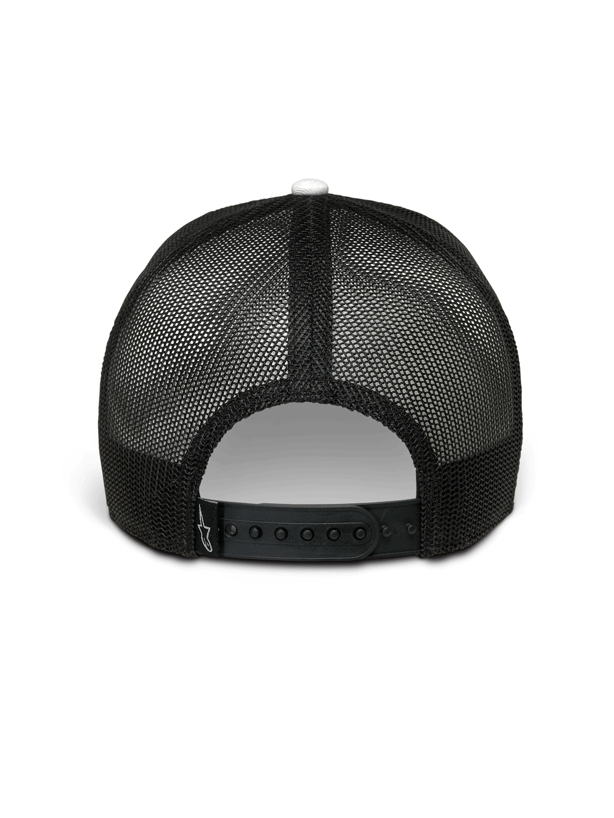 Cappello Alpinestars Hardware Trucker, bianco e nero, vista posteriore, retro in rete di poliestere nera con chiusura snapback regolabile, piccolo logo Alpinestars bianco sul cinturino, streetwear casual motorsport