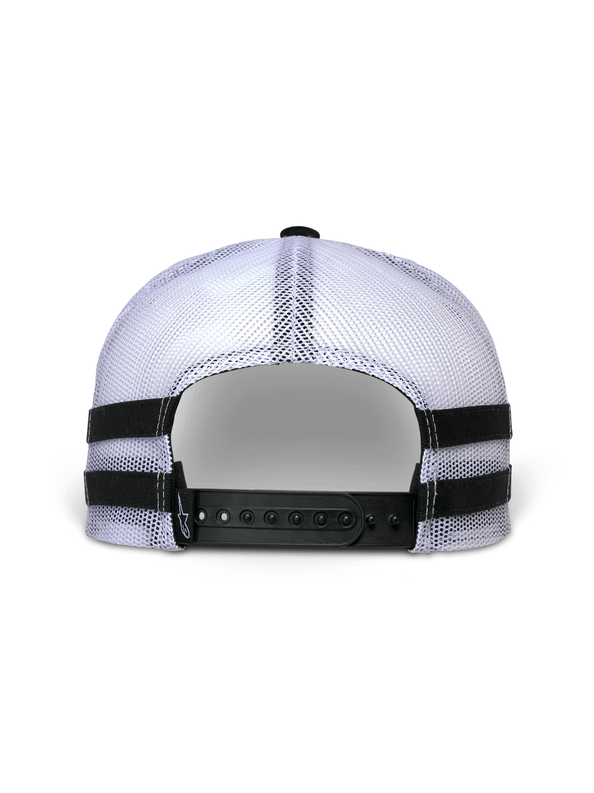Alpinestars Backline Trucker Hat, vista posteriore, retro in rete bianca con chiusura snap-back nera, strisce orizzontali nere applicate sui lati, stile casual motorsport streetwear
