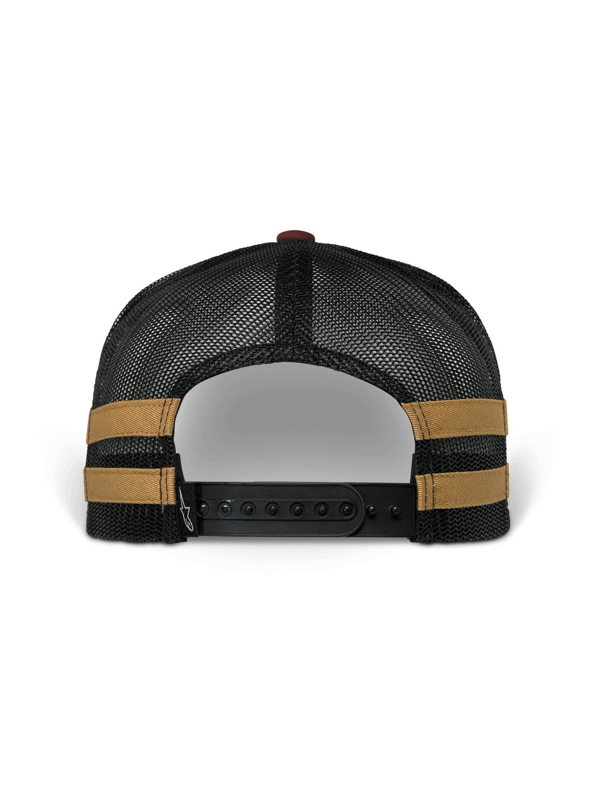 Alpinestars Backline Trucker Hat, vista posteriore, retro in rete di poliestere nera con strisce laterali senape, chiusura snapback nera regolabile, copricapo casual ispirato al motorsport