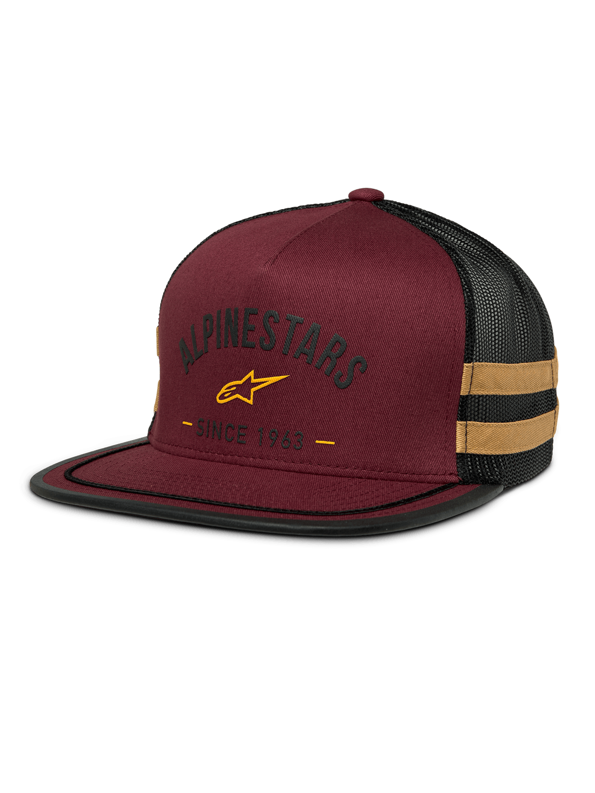 Alpinestars Backline Trucker Hat, cappellino bordeaux e mesh nero, logo con stella gialla e grafica heritage 'Since 1963', corona strutturata con visiera piatta, strisce laterali giallo senape